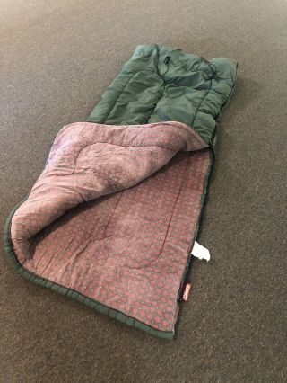 Vintage Coleman Sleeping Bag Green With Red Flannel Lining