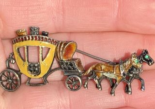Antique German Sterling Silver Enamel Marcasite Horse & Carriage Brooch Pin