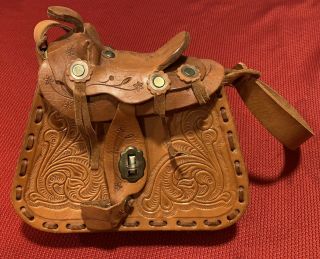 Vintage Brown Hand Tooled Leather Shoulder Bag With Western Horse Saddle