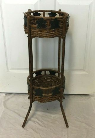 Antique Vintage Wicker Rattan Bamboo Metal Leafs Around 2 Tier Plant Stand 30.  5 "