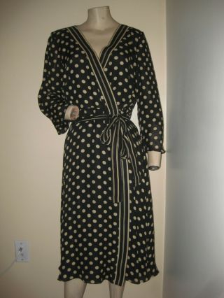 Vintage 80s Donna Rico Classic 100 Silk Black/beige Polka Dot Wrap Dress Xs/s