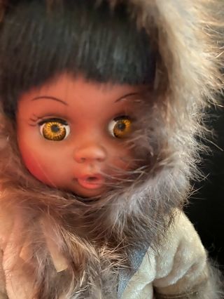 Vintage Inuit Eskimo Doll Native Alaskan Girl Leather Tan Skin Real Fur 11 "