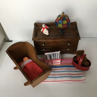 1:12 Scale Dollhouse Miniature Baby Nursery And Toys.  Walnut Cradle & Chest.