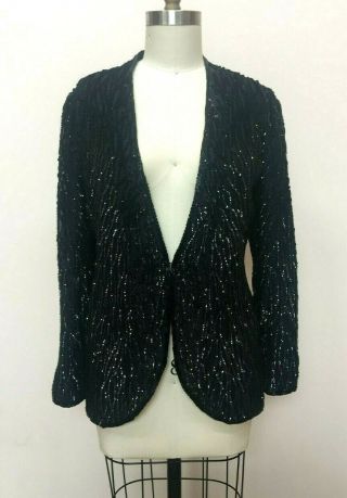 Vtg Stenay Black 100 Silk Sequin Beaded Womens Evening Jacket Sz S