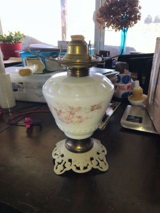 Vintage Milk Glass Cast Iron Base Oil Lamp Pink And Brown - Base Only