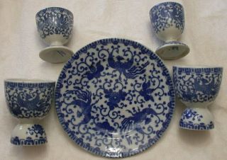 Antique Blue White Plate & 4 Egg Cups Phoenix Bird Botanicals Morimura Noritake