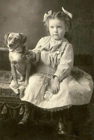 Cute Little Girl & Her Prize Dog Hair Bows Purse Antique Matted Photo Pa Estate