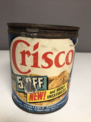 1 Vintage/antique 1950’s Crisco Finest Vegetable Shortening 3 Lb Tin/lid In Tact