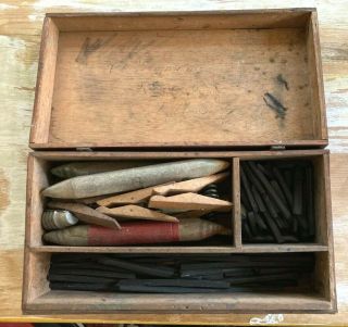 Antique Artist Drawing Box Charcoal Clips Stumps Blenders Orig Wood Box 1900 