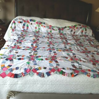 Vintage Machine & Hand Sewn Wedding Ring Quilt Top Only Approx 88 " X 80 "