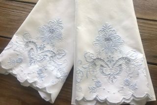 2 Vintage White Cotton Pillowcases Pale Blue Hand Embroidered 17x30 Cutwork