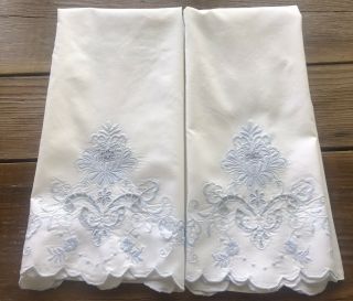 2 Vintage White Cotton Pillowcases Pale Blue Hand Embroidered 17X30 Cutwork 2