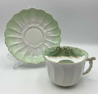 Antique Hand Painted Mustache Tea Cup And Saucer Green White Gold