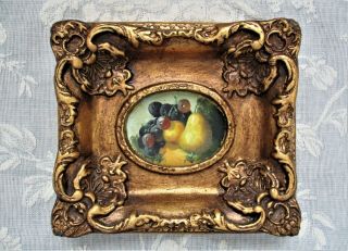 Vintage Framed Oil Painting Fruit Still Life Art In Ornate Gilt Picture Frame