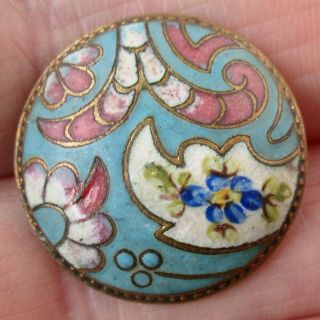 7/8 " Antique Stamped Brass Champlevé Enamel Button W Hand Painted Enamel Flower