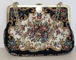 Vintage Floral Tapestry Needlepoint Purse Handbag Metal Clasp Strap Double Sided