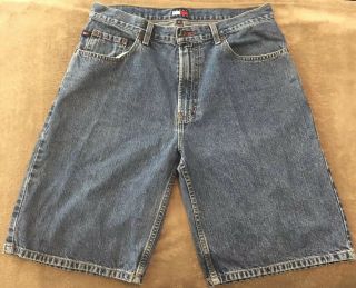 Vintage 90s Tommy Hilfiger Denim Jean Shorts Leather Patch Mens Size 34 Blue