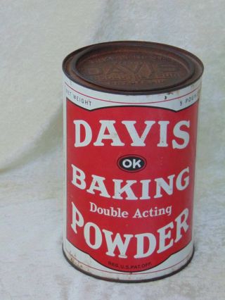 Antique Old Vintage Tin Litho Davis Baking Powder Tin Can Large 5 Lb 7 3/4 " Tall