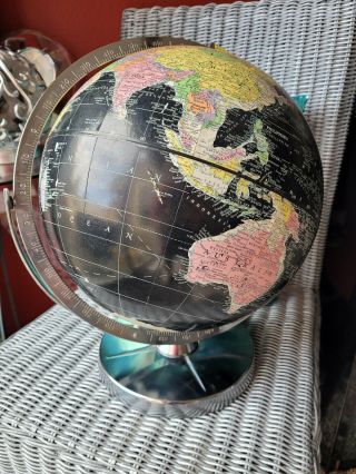 Vintage Mcm Encyclopedia Britannica Replogle Black Chrome World Globe 12 "