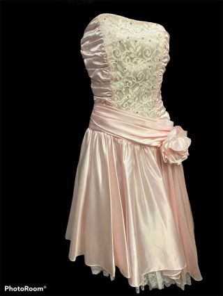 Vintage 80s Prom Dress Zum Zum Size 5/6 Pink Satin White Lace 1980 