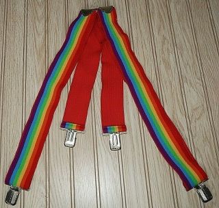 Vtg Rainbow Elastic Stretch Suspenders Stripe 2 " Inch Wide Clasps Mork Ork Robin