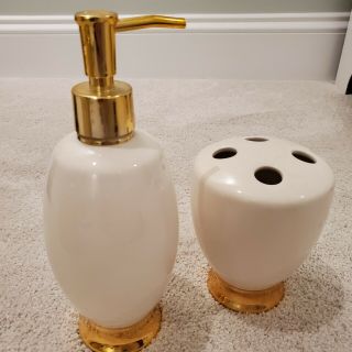 Ivory & Gold Bathroom Accessories Toothbrush Holder And Soap/lotion Dispenser
