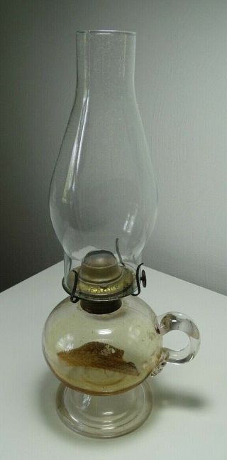 Antique Footed Oil / Kerosene Finger Lamp Glass Base And Clear Glass Globe