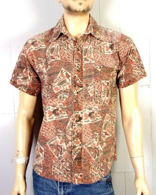 Vtg 80s 90s Bugle Boy Brown All Over Tribal Print Button Down Shirt S/m Youth L