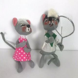 2 Vintage Annalee Mice Tennis Boy Mouse Girl Mouse Pink Polka Dot Dress 1971