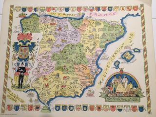 Story Map Of Spain,  Colorful 1935 Litho,  Showing Drawings,  Historical Locations