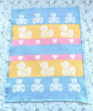 Vintage Acrylic Baby Blanket Nylon Trim Pink Blue Yellow Bears Ducks 28 X 38