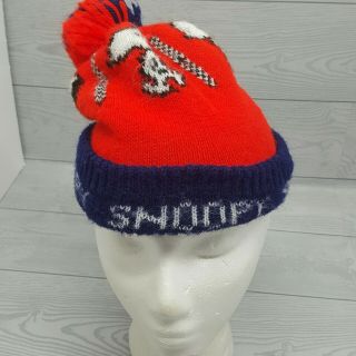 Vtg Snoopy Peanuts Beanie Winter Hat Skiing Pom Blue Red Knit Orlon 1958 60s