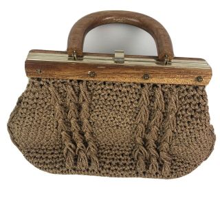 Vintage Handbag Purse Brown Woven Straw Wood Handles Made In Italy Bag