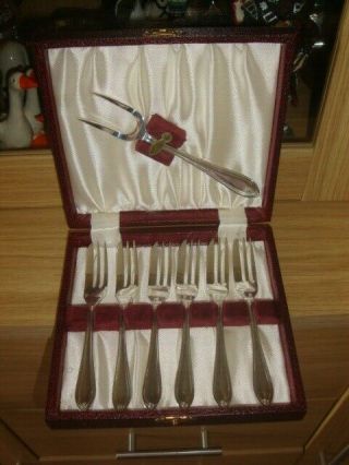 Lovely Vintage Box Set Of 6 Silver Plated Cake / Pastry Forks With Cake Server