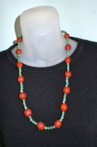 Vintage Chinese Cinnabar & Jade Beads Silver Clasp Carved Beads Necklace 25 "