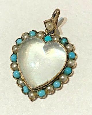 Antique Victorian Rock Crystal Seed Pearl Turquoise Heart Locket Pendant In Gold