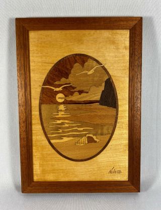 Vintage Hudson River Inlay Wooden Marquetry Picture " Seascape " Seashore