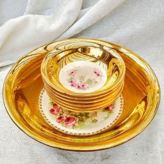 7 Piece Antique Potter’s Co - Operative Porcelain Salad Bowl Set Heavy Gold Usa