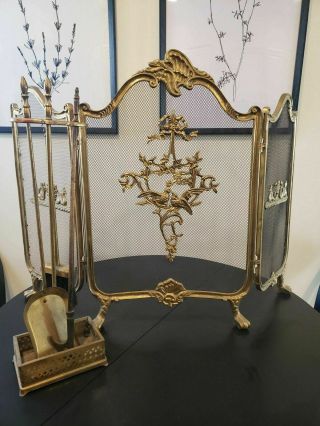Vintage French Provincial Ornate Gold Solid Brass Fireplace Folding Screen