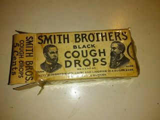 Antique Smith Brothers Black Cough Drop 5 Cent Box Full In Orig Plastic Wrapper