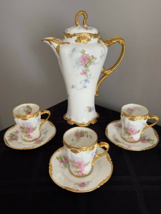 Antique Limoges Jpl Jean Pouyat Hand Painted Roses Chocolate Coffee Teapot Set
