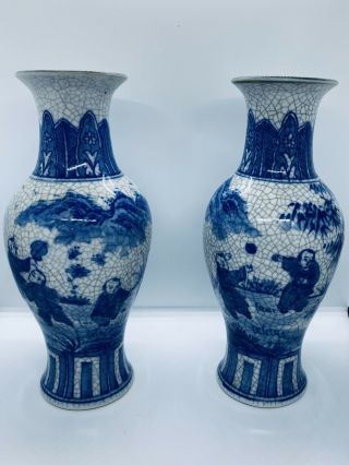 (2) Antique Chinese Qing Dynasty Blue & White Canton Ware Porcelain Vases