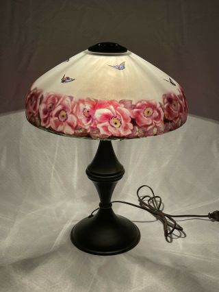 Antique Pittsburgh Obverse & Reverse Painted Glass Shade Electric Table Lamp