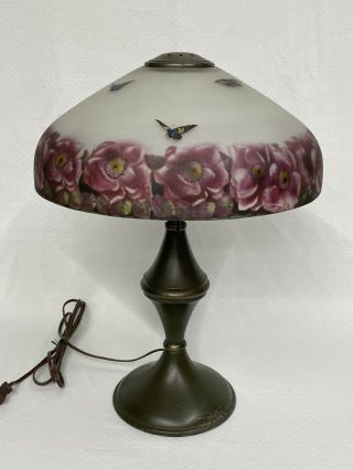 Antique Pittsburgh Obverse & Reverse Painted Glass Shade Electric Table Lamp 2