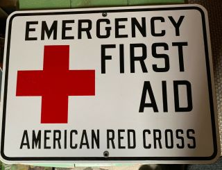 Antique Porcelain American Red Cross Emergency First Aid Sign 18 " X 24 "