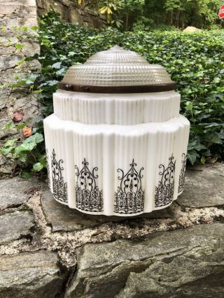 Large Vintage 1930s - 40s Art Deco Skyscraper White Glass Hanging Lamp Shade 15x13