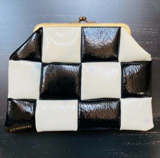 Vintage 50s 60s Black And White Checkered Clutch 8” Leather Hand Purse