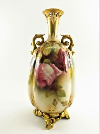 Stunning Antique Royal Worcester Vase With Hand Painted Roses / Signed Ref 351