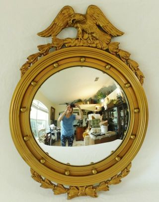 Large Antique/vtg 32 " Federal Carved Bullseye Eagle Convex Gold Wood Wall Mirror