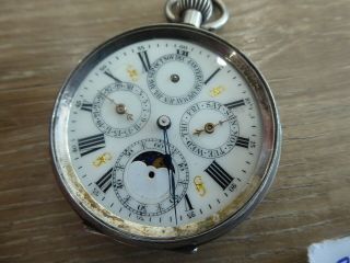Rare Antique Silver Cased Moon Phase Pocket Watch